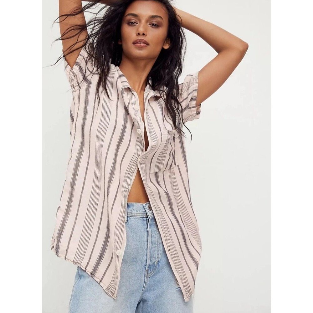 Free People x CP Shades Linen Striped Button Up Shirt Top Tan Navy Blue Sz. S